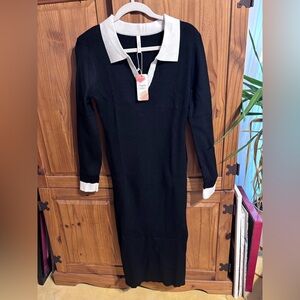 Black Stretch Ribbed Knit Polo Collar Dress with White Trim, XL (fits slim)